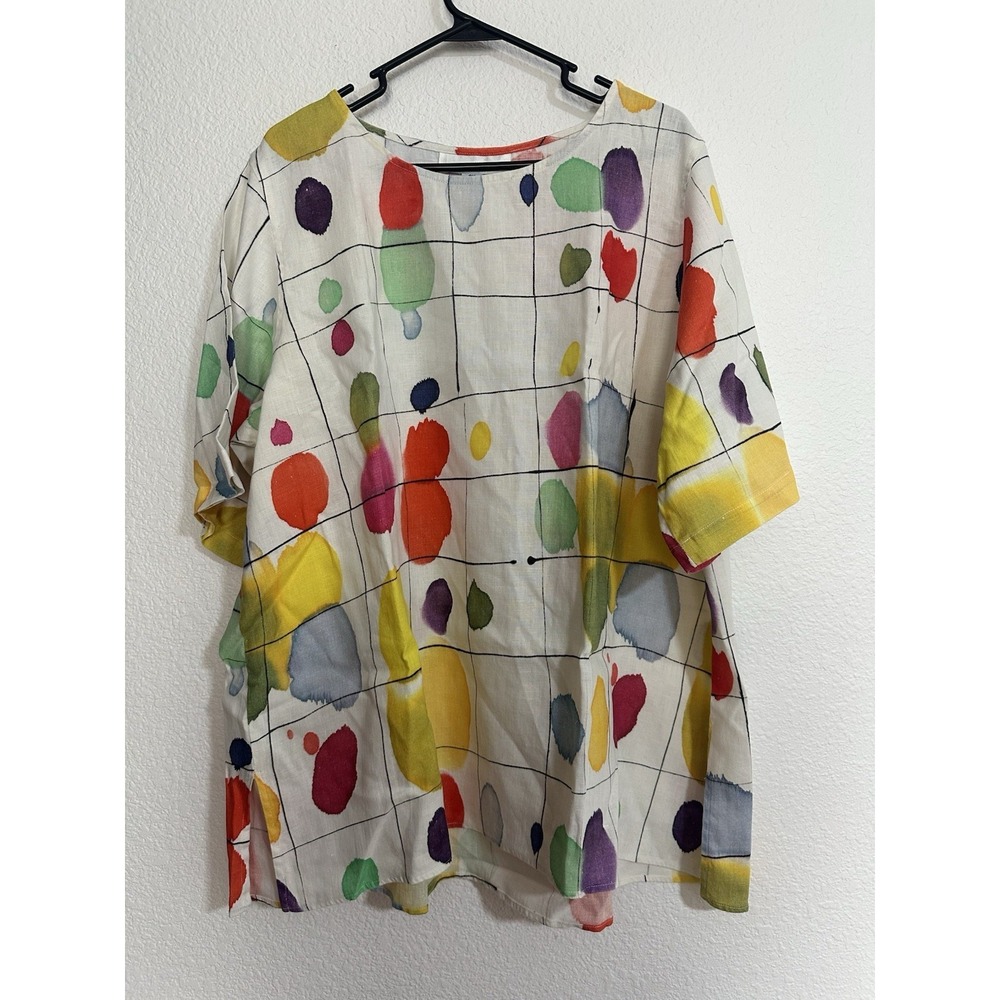 CAROLINE ROSE $140 Check Art Multi Colored Spot 100% Linen Tunic Top Size 2X